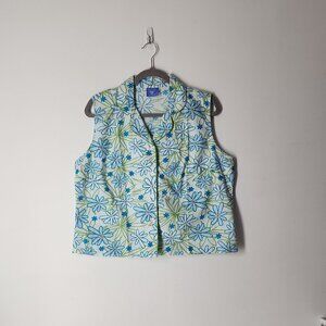 Pine Cone Hill Fine Linens white floral blue green cotton sleeveless top sz M